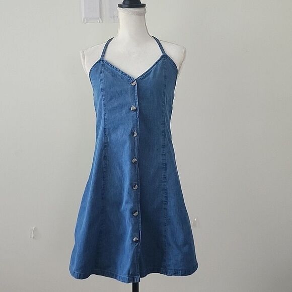 ASOS Design Midwash Chambray Halter Neck Button Down Mini Dress 6 UK 10 (21) - Picture 10 of 11